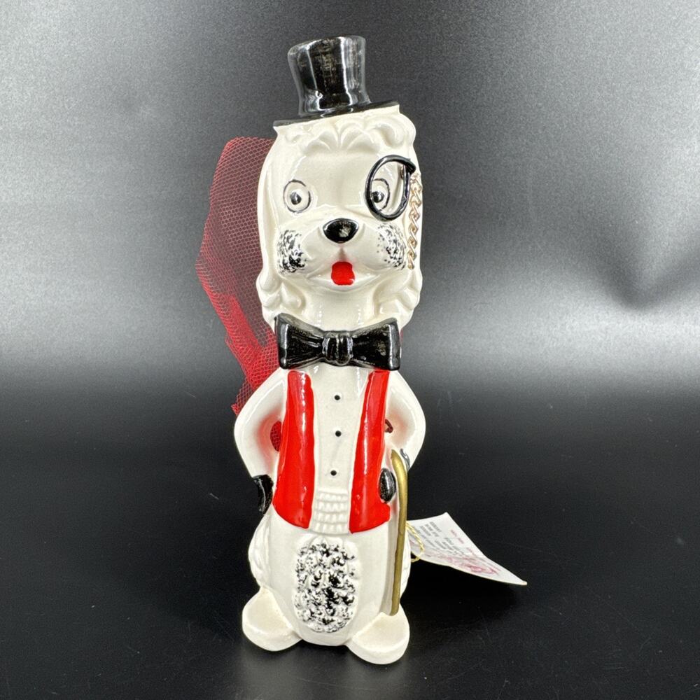 Vtg IW Rice Japan Ceramic Dog Poodle Planter Top Hat Monocle Red Vest Potpourri